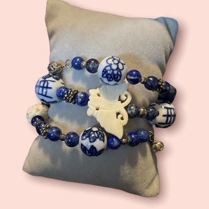 VintageBJ925 Sterling BlueLapisBracelet Ceramic Cloisonne Bead WireWrap Bracelet